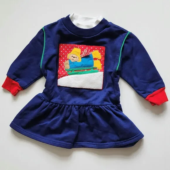 Vintage 90s Paddington Bear Girls Sweatshirt Dress Winter Sledding Blue Size 3T - Picture 3 of 9